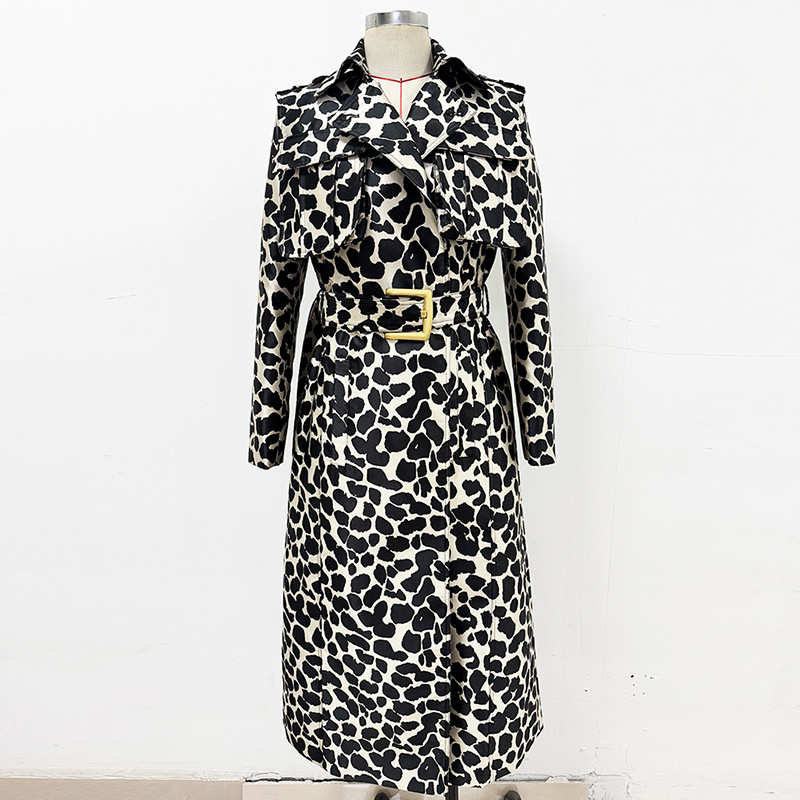 Leopard Pattern Jacquard Belted Long Trench Coat