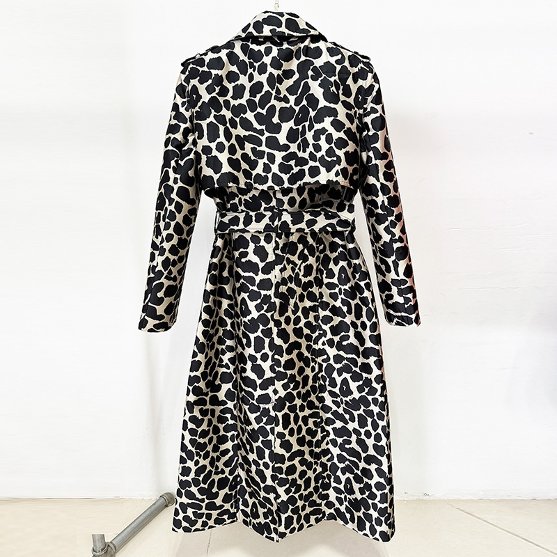 Leopard Pattern Jacquard Belted Long Trench Coat