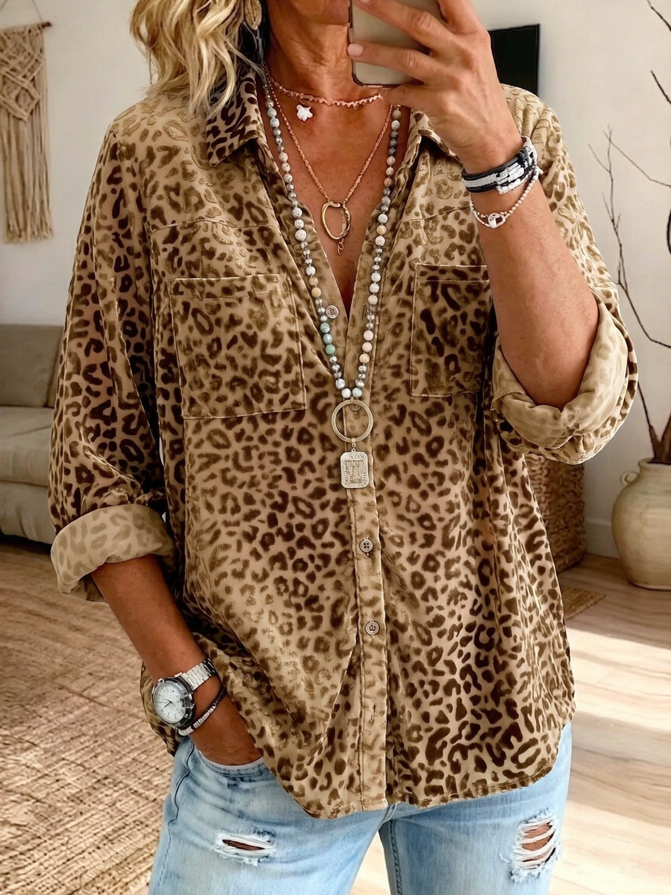 Leopard-print Long-sleeve Loose-fit Casual Top