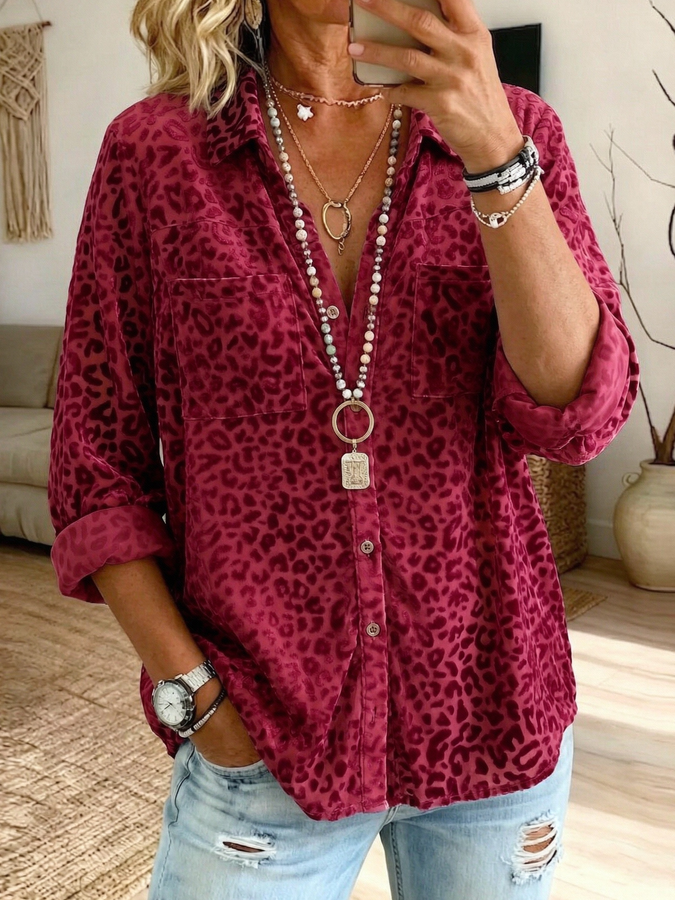 Leopard-print Long-sleeve Loose-fit Casual Top