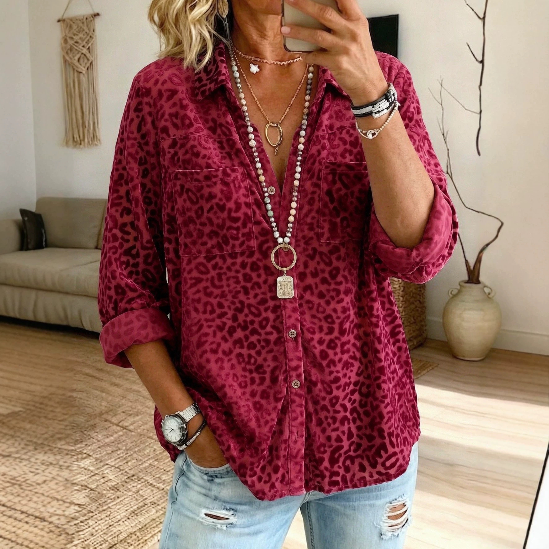 Leopard-print Long-sleeve Loose-fit Casual Top