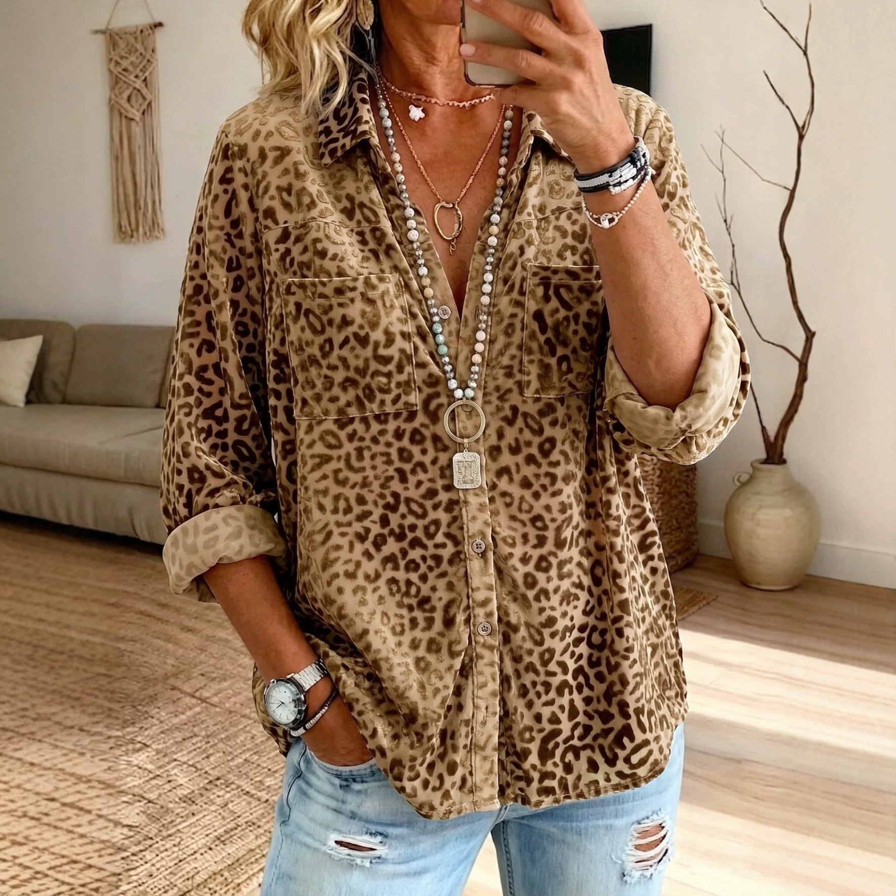 Leopard-print Long-sleeve Loose-fit Casual Top