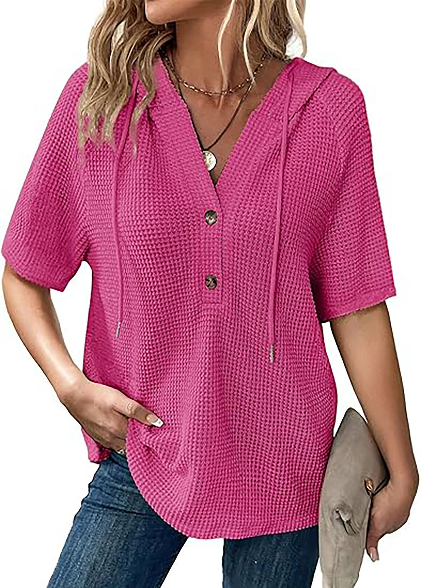 Lightweight Waffle-knit Short-sleeve Top For Summer