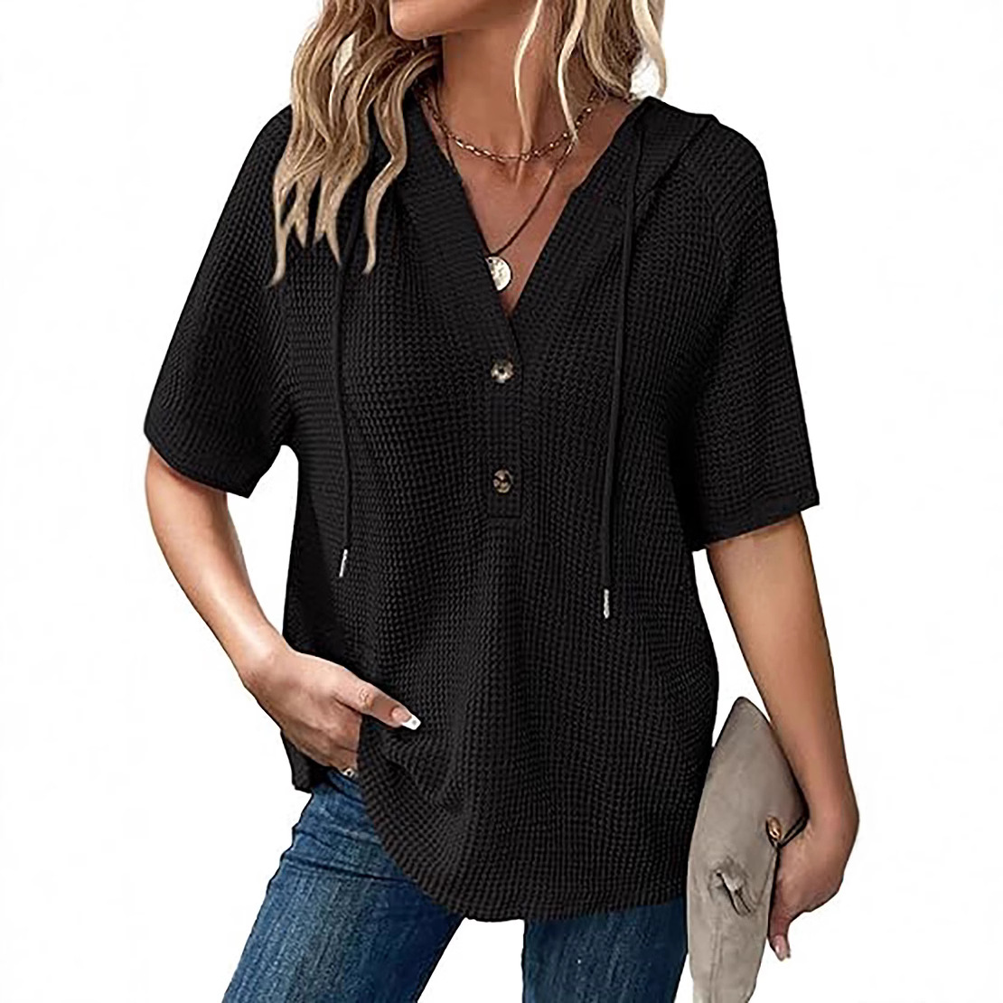 Lightweight Waffle-knit Short-sleeve Top For Summer