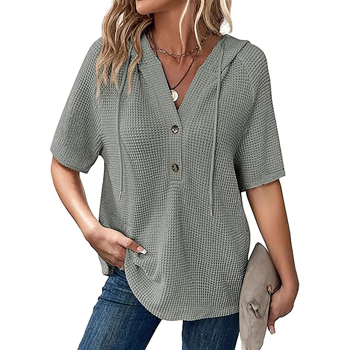 Lightweight Waffle-knit Short-sleeve Top For Summer