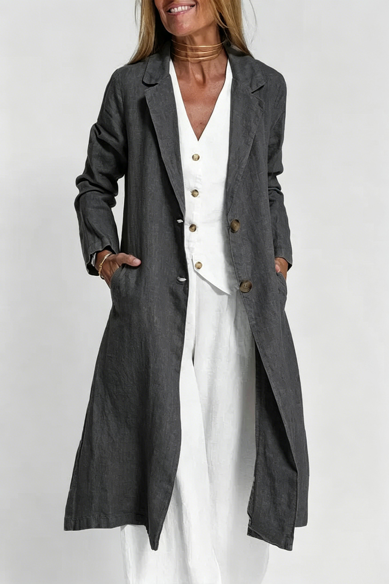Long-sleeve Buttoned Cotton-linen Trench Coat With A Suit Collar