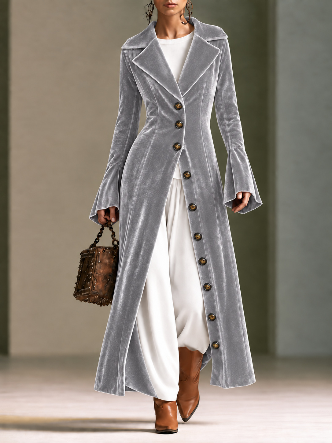 Long Velvet Coat With A Large Lapel Slim Fit