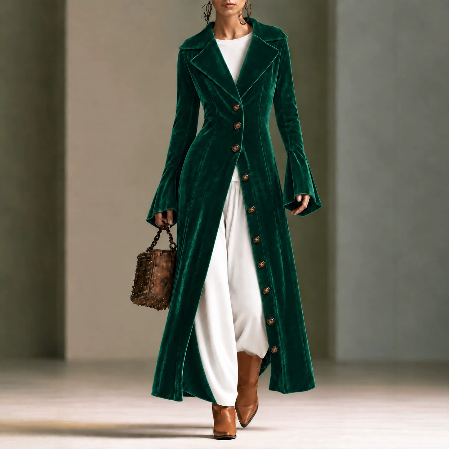 Long Velvet Coat With A Large Lapel Slim Fit