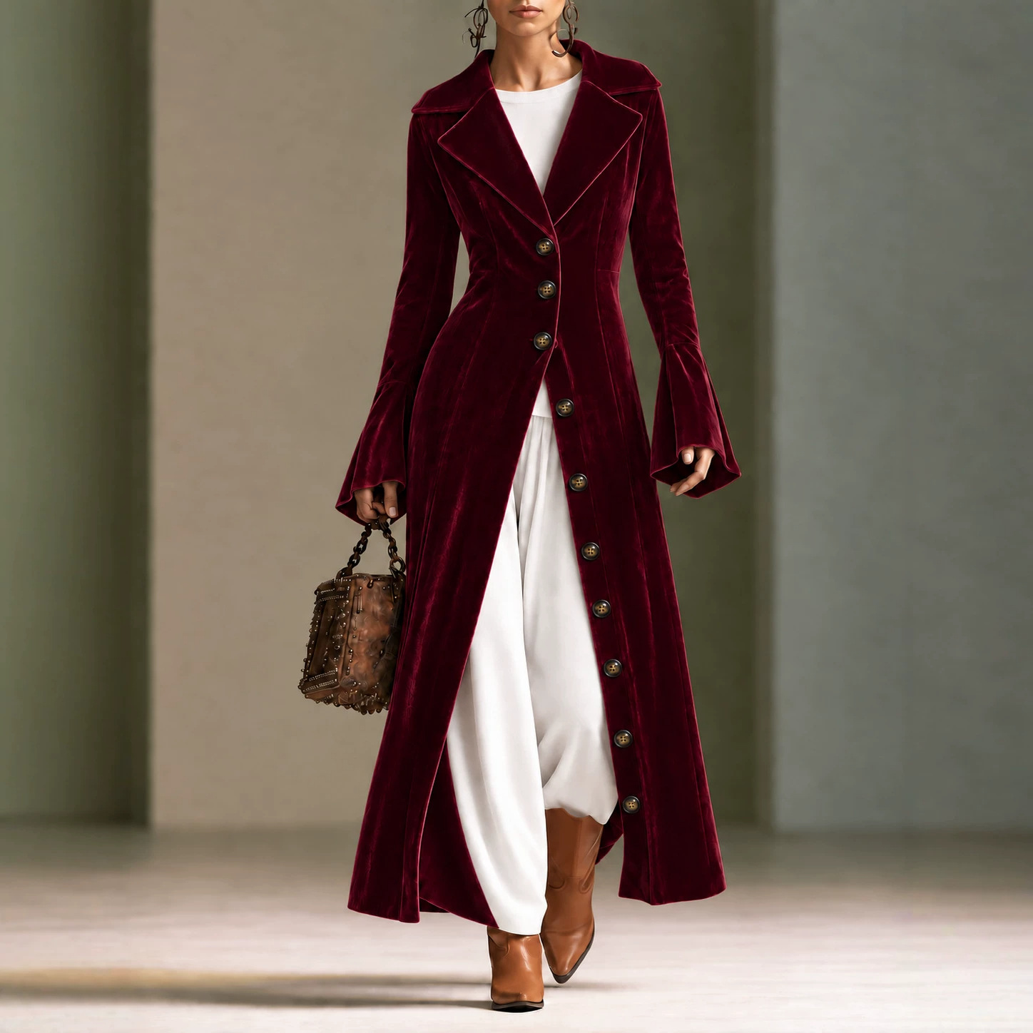 Long Velvet Coat With A Large Lapel Slim Fit