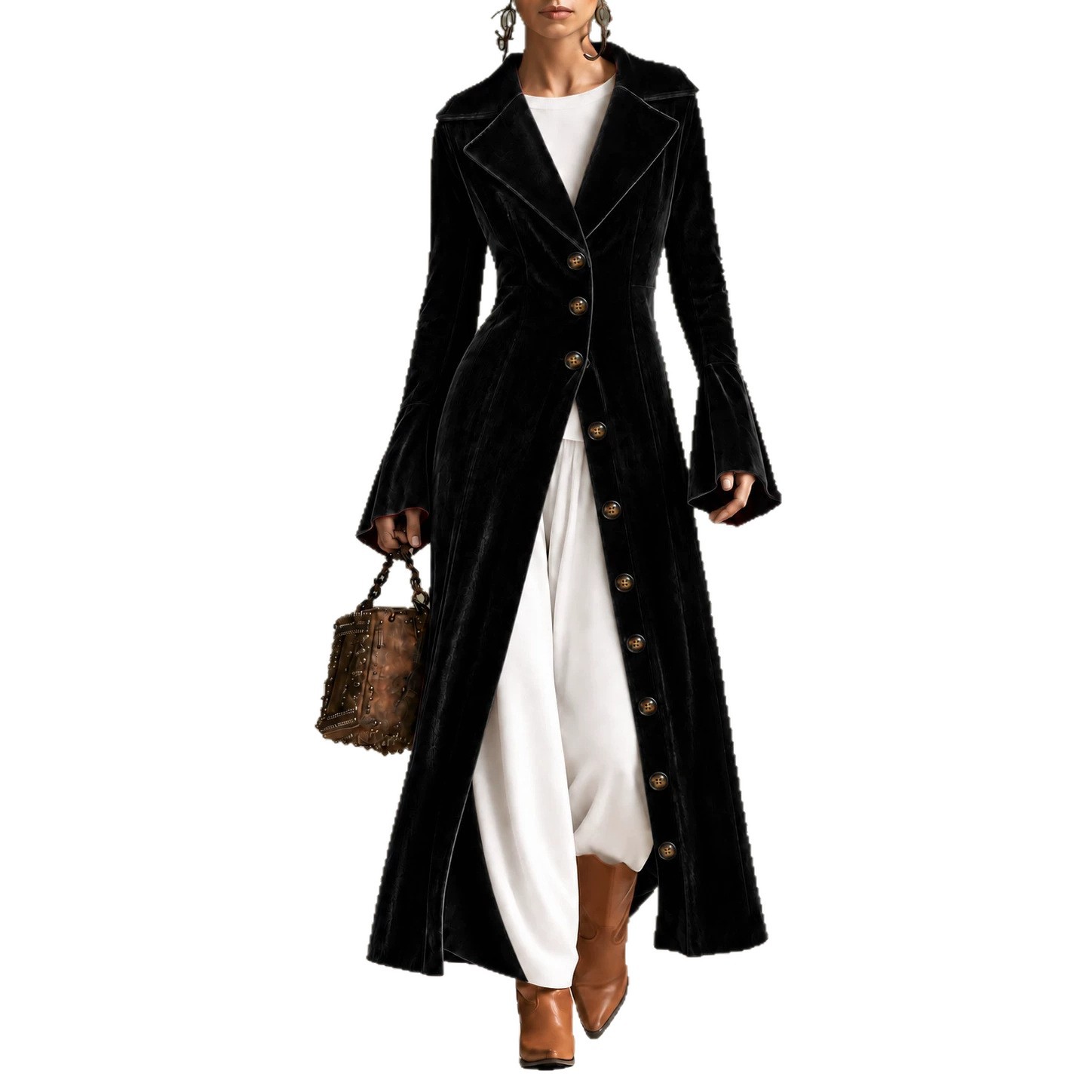 Long Velvet Coat With A Large Lapel Slim Fit