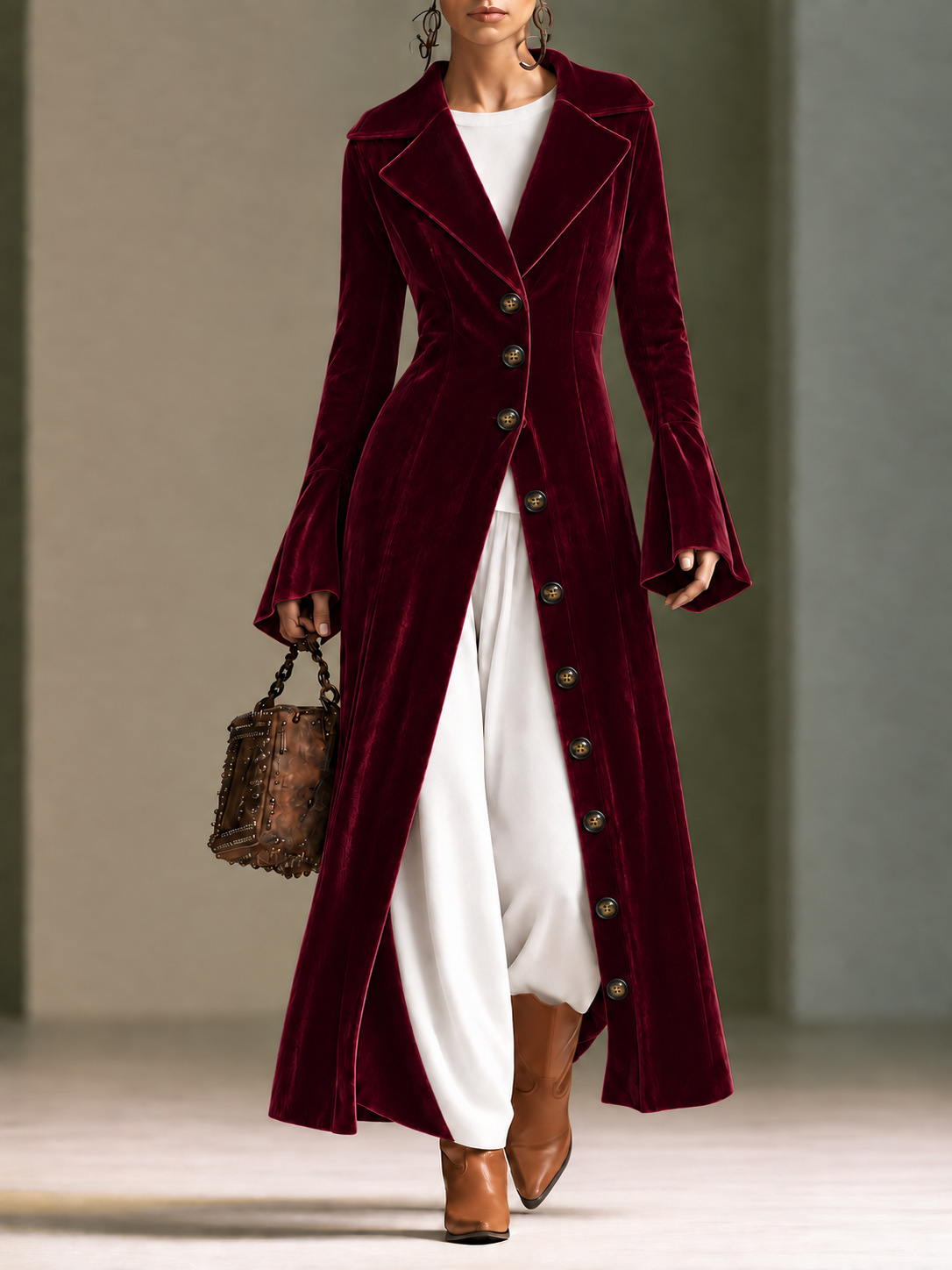 Long Velvet Coat With A Large Lapel Slim Fit