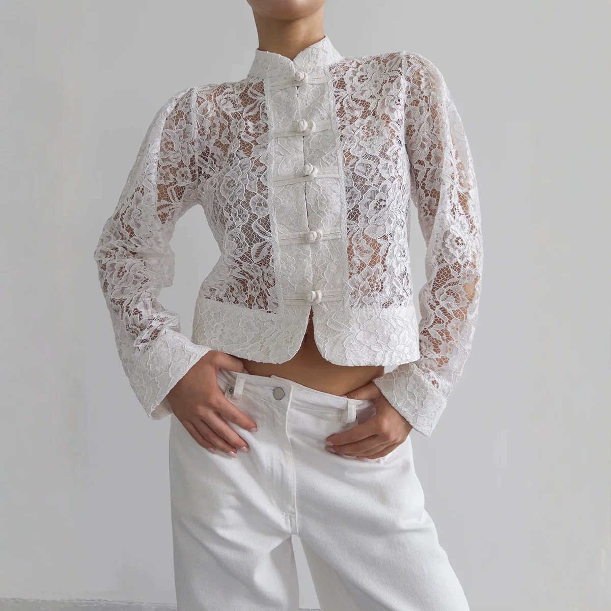 Mandarin-collar Chinese-style Buttoned Hollow-out Sexy Lace Top
