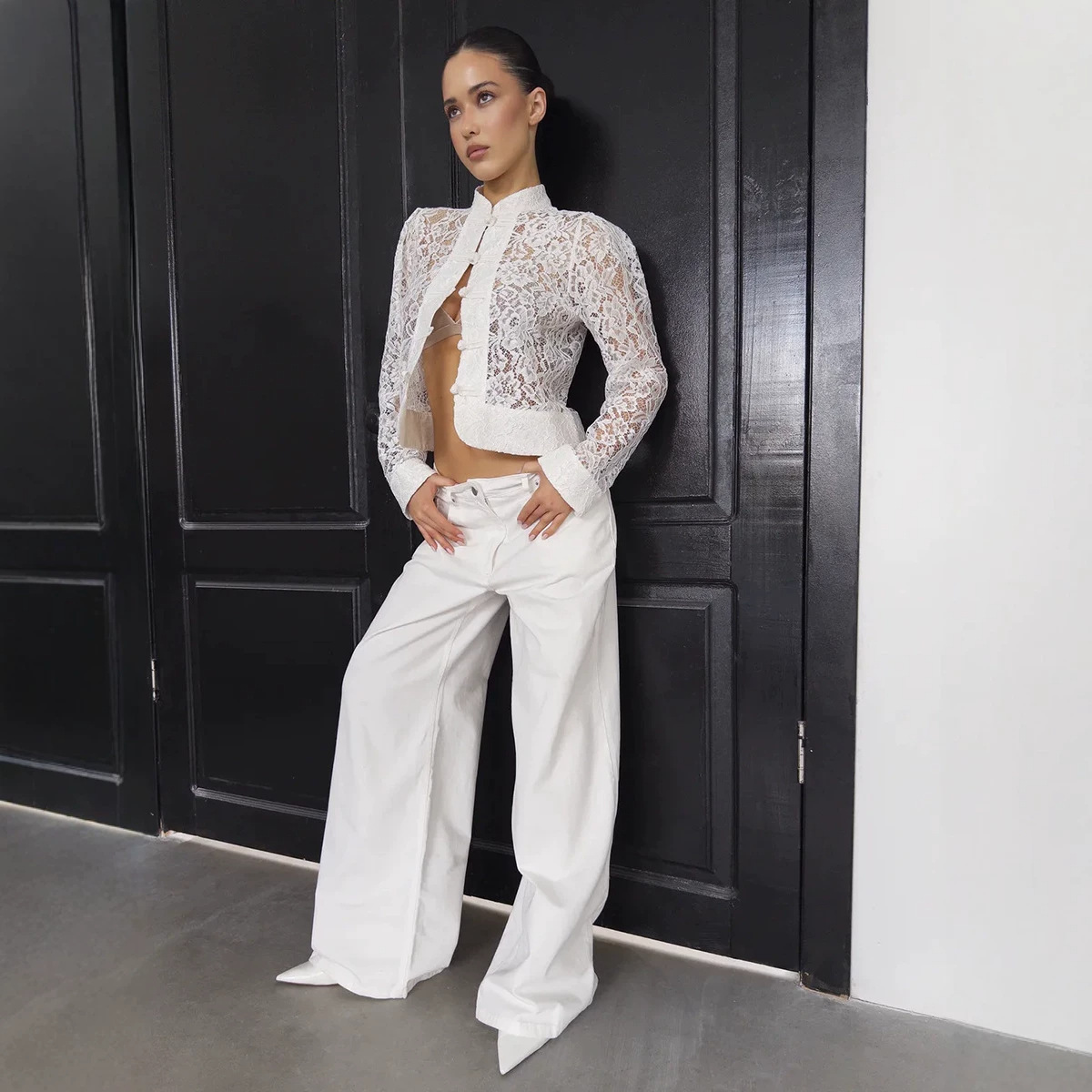 Mandarin-collar Chinese-style Buttoned Hollow-out Sexy Lace Top