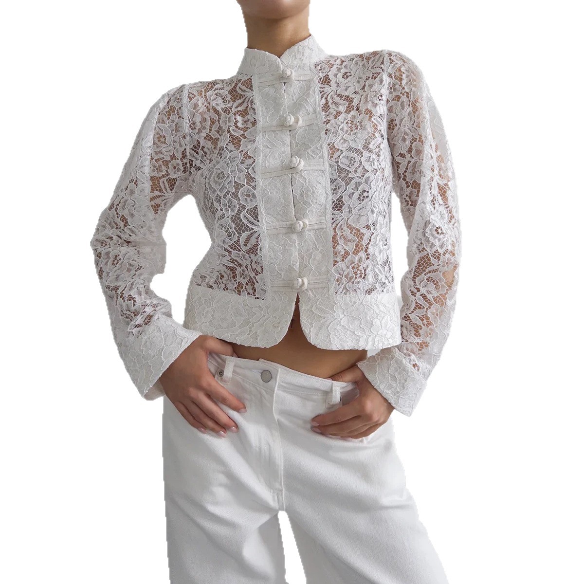 Mandarin-collar Chinese-style Buttoned Hollow-out Sexy Lace Top