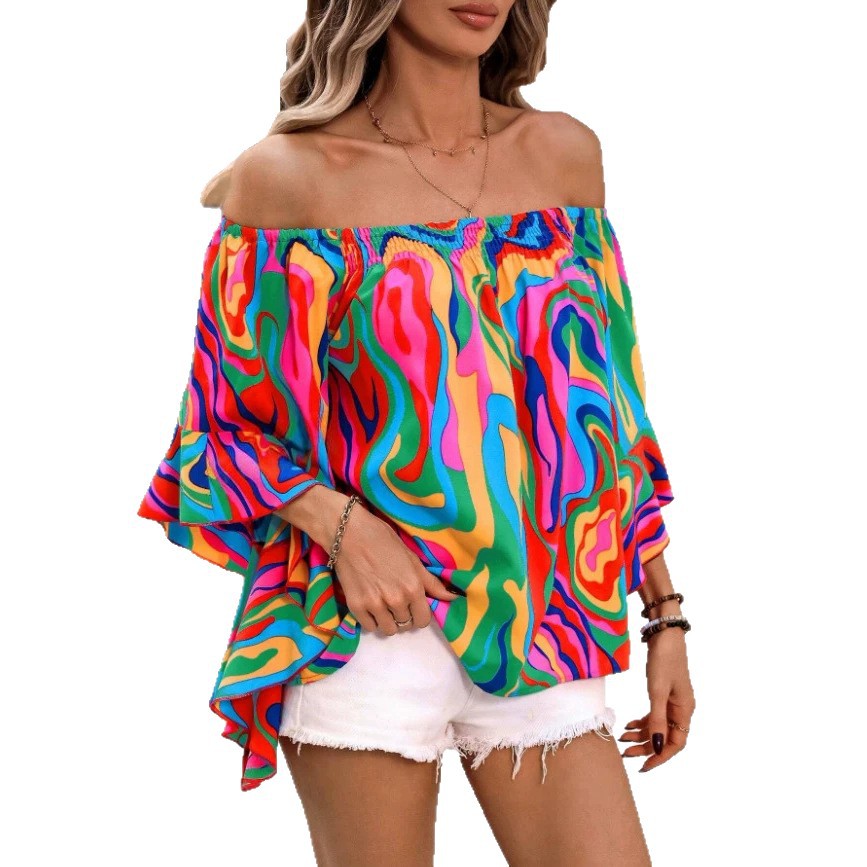 Marble-patterned Leopard-print Off-shoulder Ruffled Loose-fit Casual Blouse