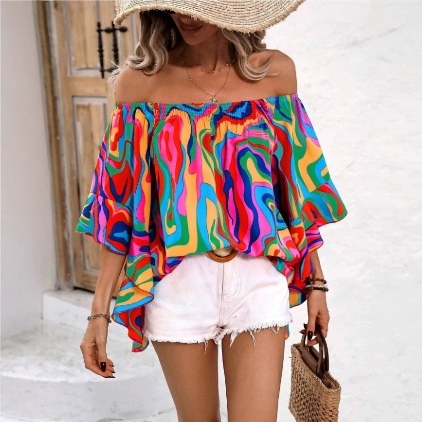 Marble-patterned Leopard-print Off-shoulder Ruffled Loose-fit Casual Blouse