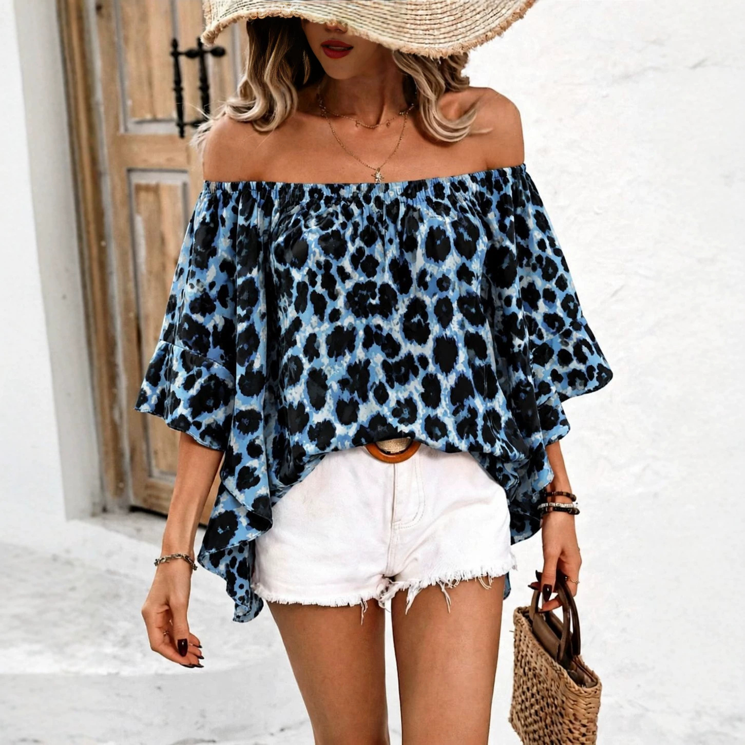 Marble-patterned Leopard-print Off-shoulder Ruffled Loose-fit Casual Blouse