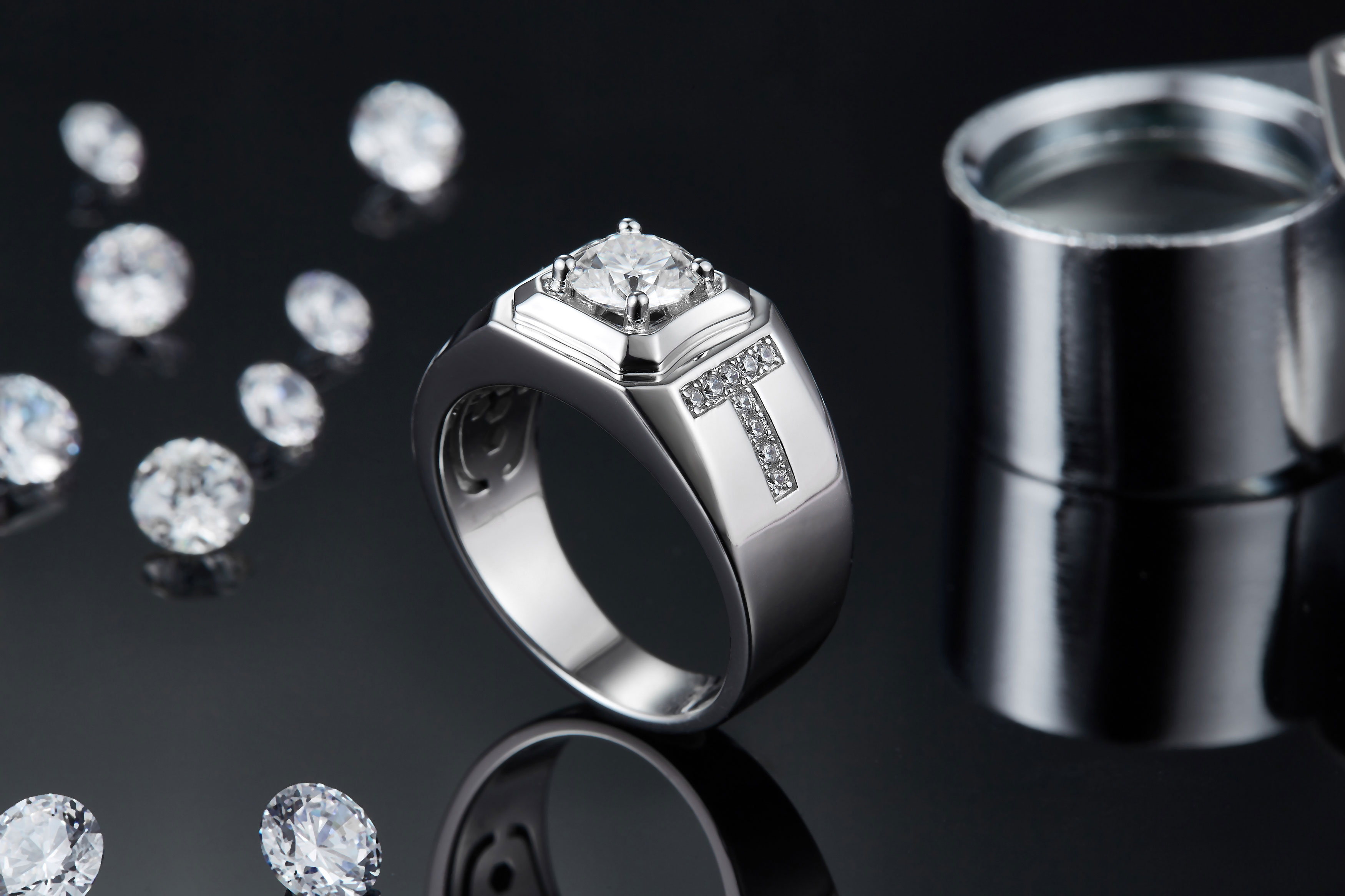 Men's 1-carat Luxury And Fashionable Light Luxury Jewelry Silver Ring Set With Top-quality