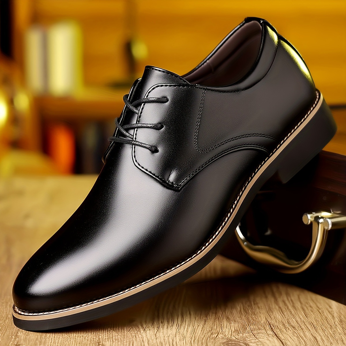 Men's Business Leather Shoes With Glossy Stitching, Pointed Toe, Lace-Up, Rubber Sole
