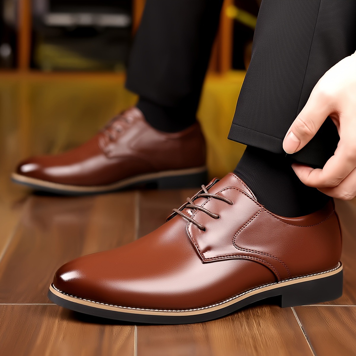 Men's Business Leather Shoes With Glossy Stitching, Pointed Toe, Lace-Up, Rubber Sole