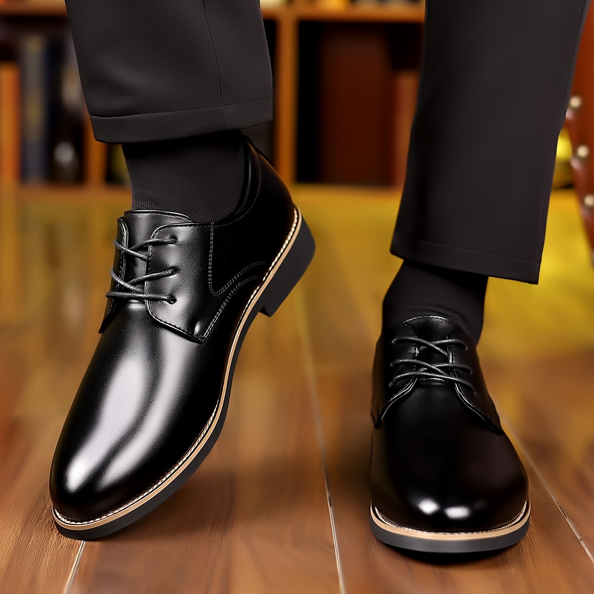 Men's Business Leather Shoes With Glossy Stitching, Pointed Toe, Lace-Up, Rubber Sole