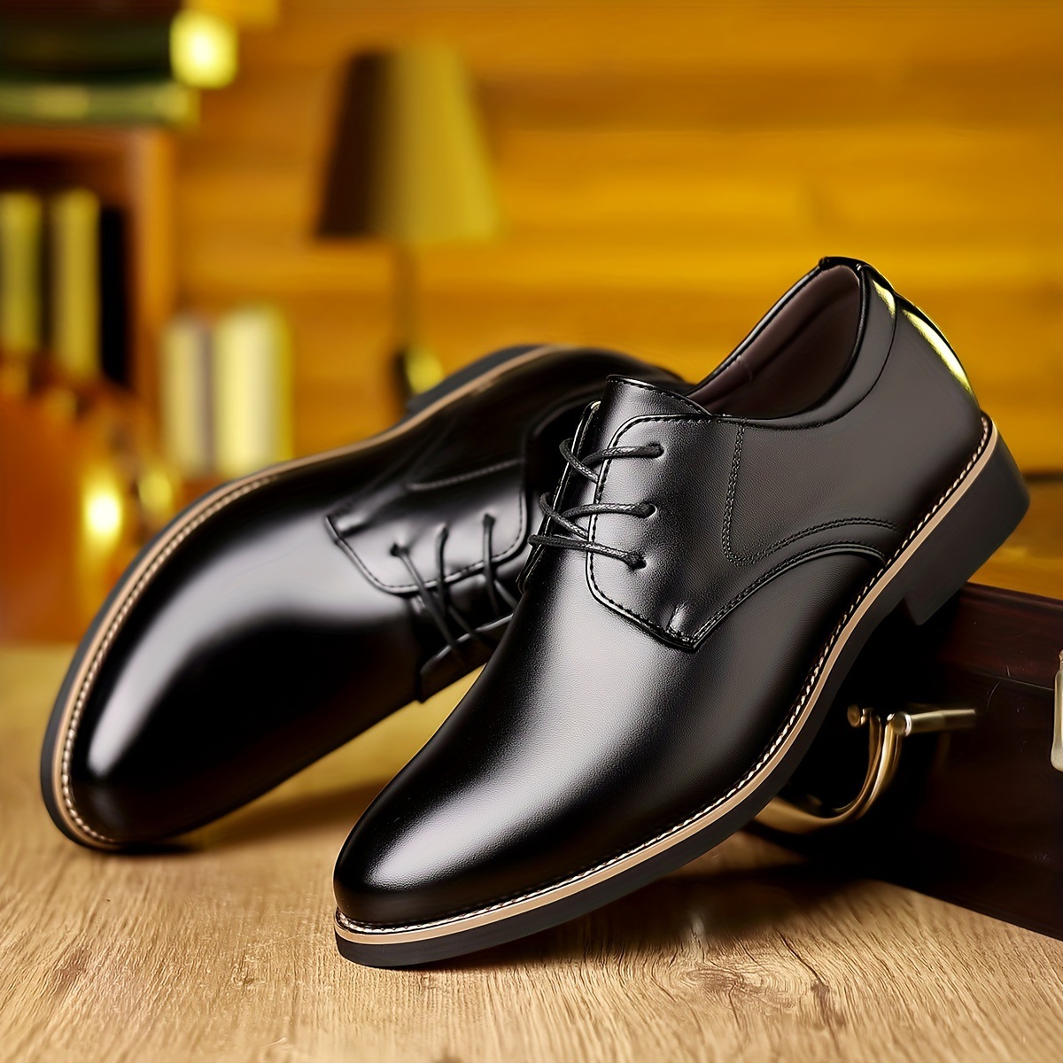 Men's Business Leather Shoes With Glossy Stitching, Pointed Toe, Lace-Up, Rubber Sole