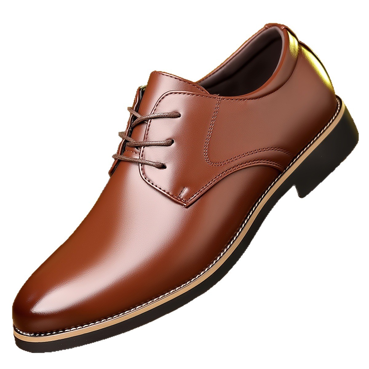 Men's Business Leather Shoes With Glossy Stitching, Pointed Toe, Lace-Up, Rubber Sole
