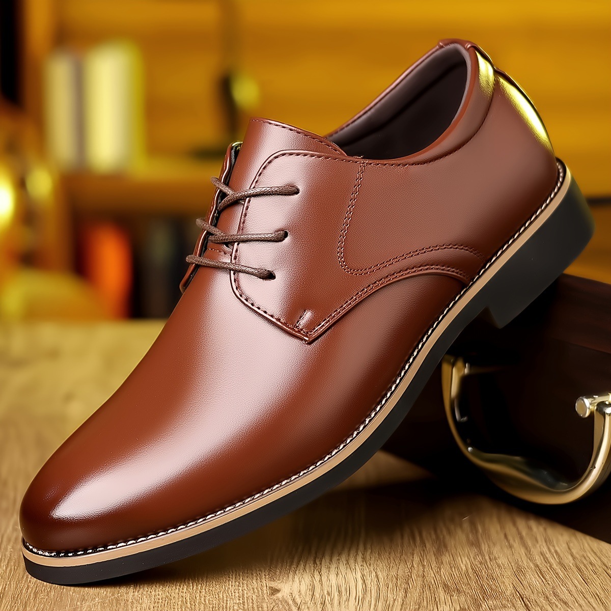 Men's Business Leather Shoes With Glossy Stitching, Pointed Toe, Lace-Up, Rubber Sole