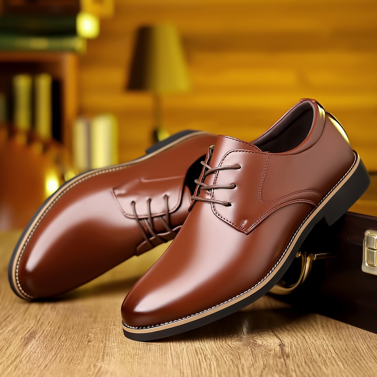Men's Business Leather Shoes With Glossy Stitching, Pointed Toe, Lace-Up, Rubber Sole