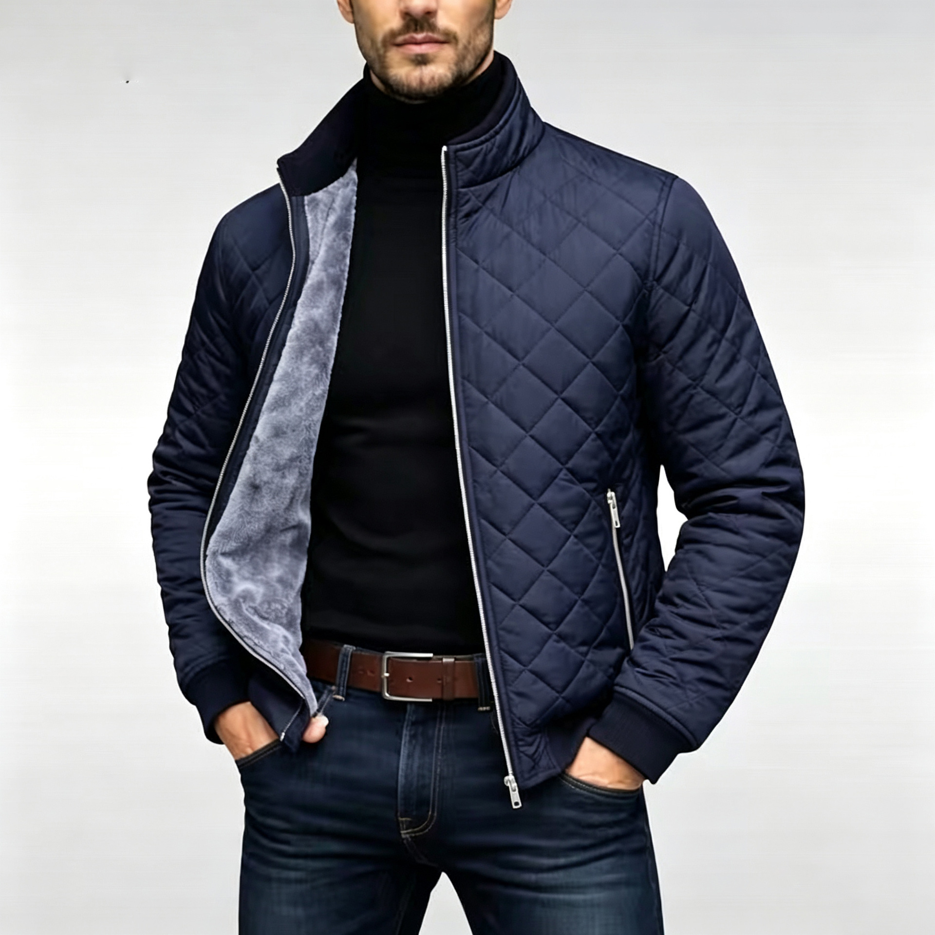 Men's Diamond Plaid Quilted Cotton Jacket Casual Padded Warm Winter Outerwear With Thick