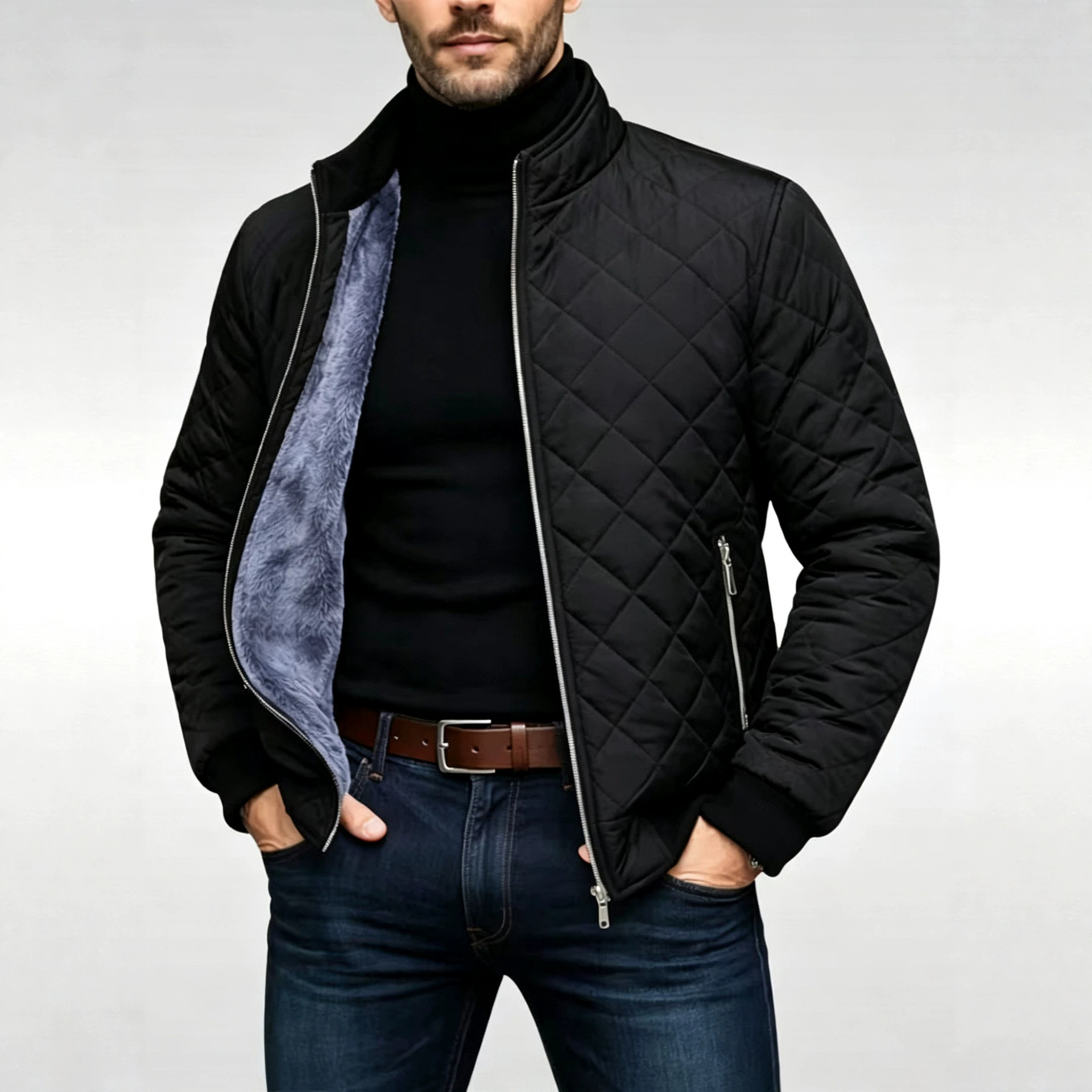 Men's Diamond Plaid Quilted Cotton Jacket Casual Padded Warm Winter Outerwear With Thick