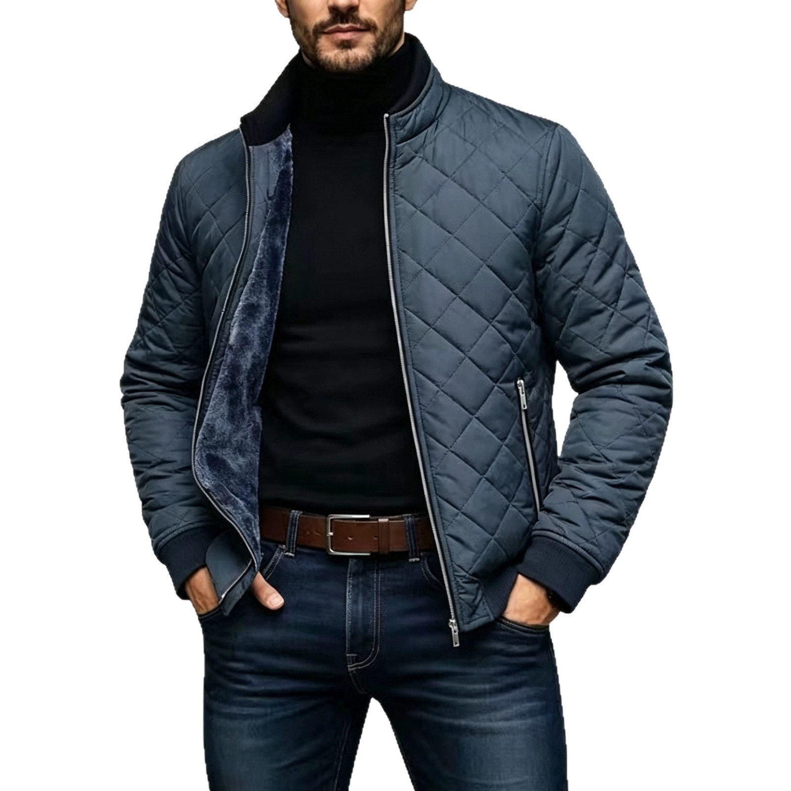 Men's Diamond Plaid Quilted Cotton Jacket Casual Padded Warm Winter Outerwear With Thick