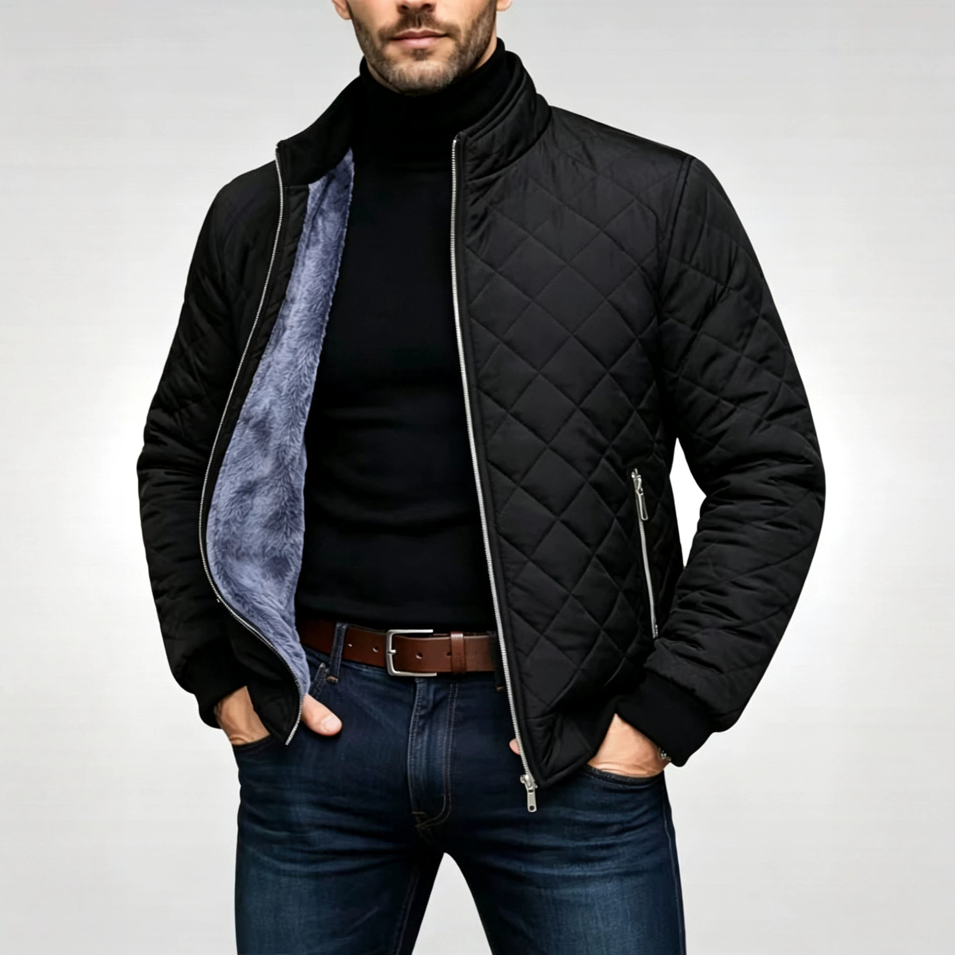 Men's Diamond Plaid Quilted Cotton Jacket Casual Padded Warm Winter Outerwear With Thick
