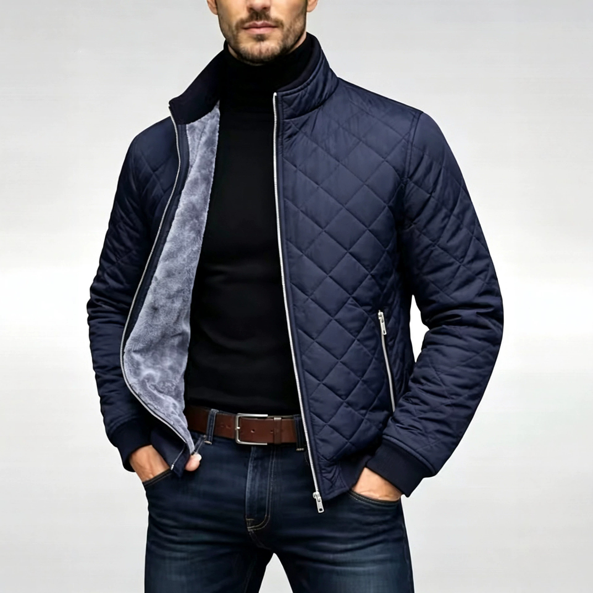 Men's Diamond Plaid Quilted Cotton Jacket Casual Padded Warm Winter Outerwear With Thick
