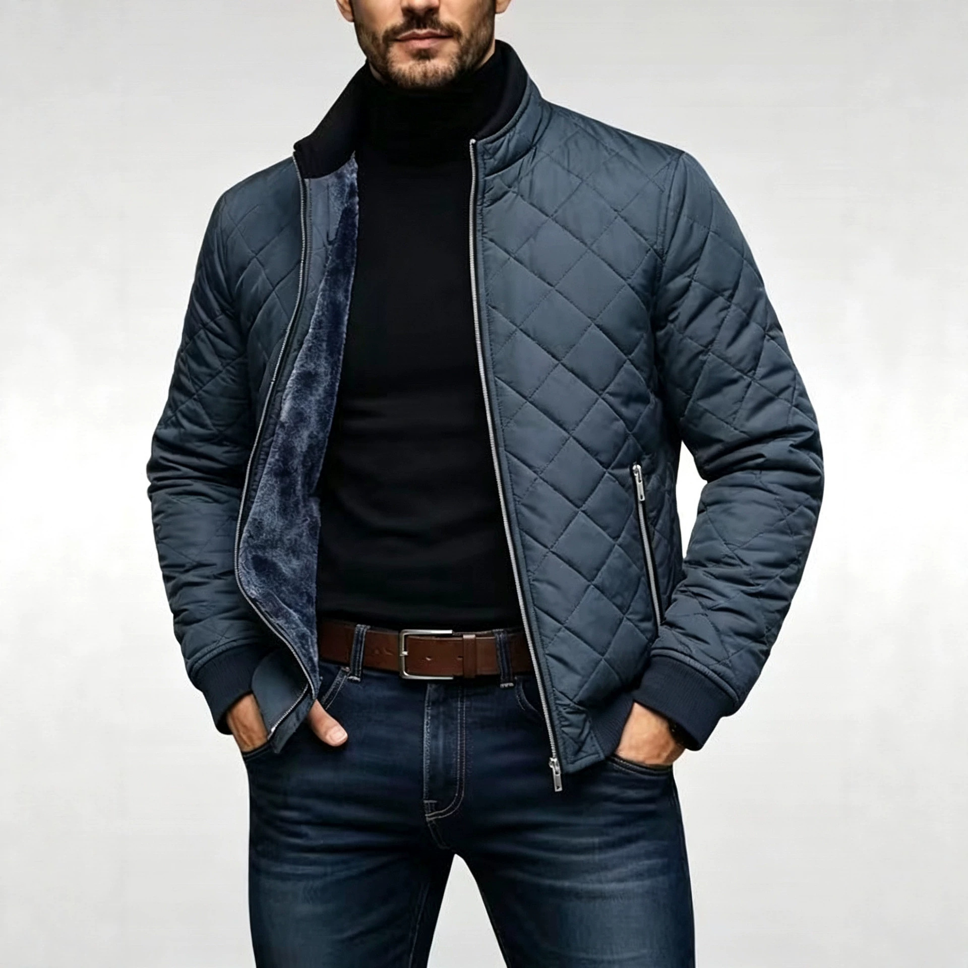 Men's Diamond Plaid Quilted Cotton Jacket Casual Padded Warm Winter Outerwear With Thick