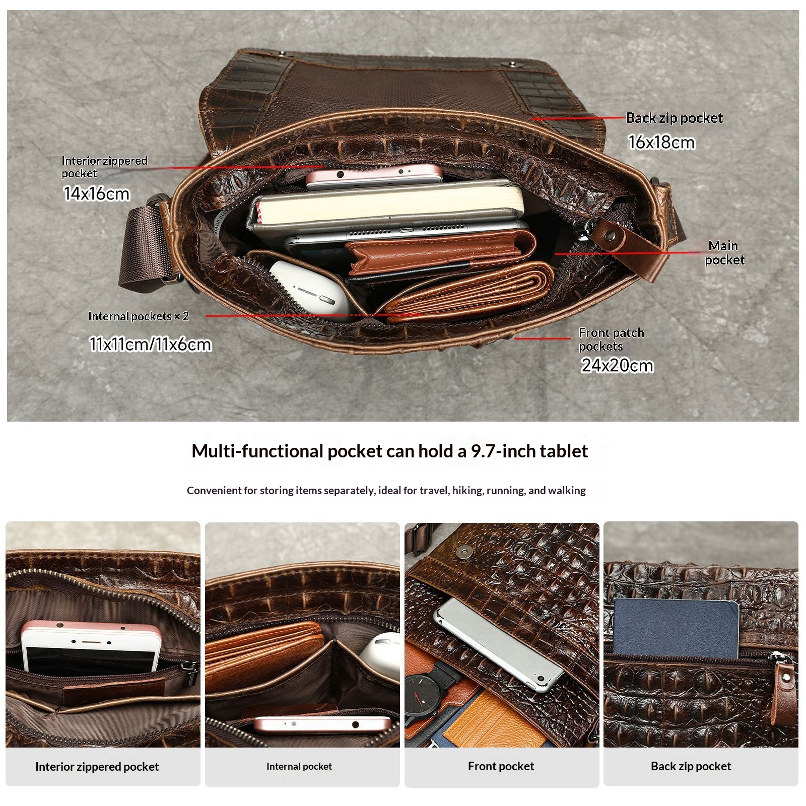 Men's Handmade Crocodile-Grain Casual Shoulder Bag