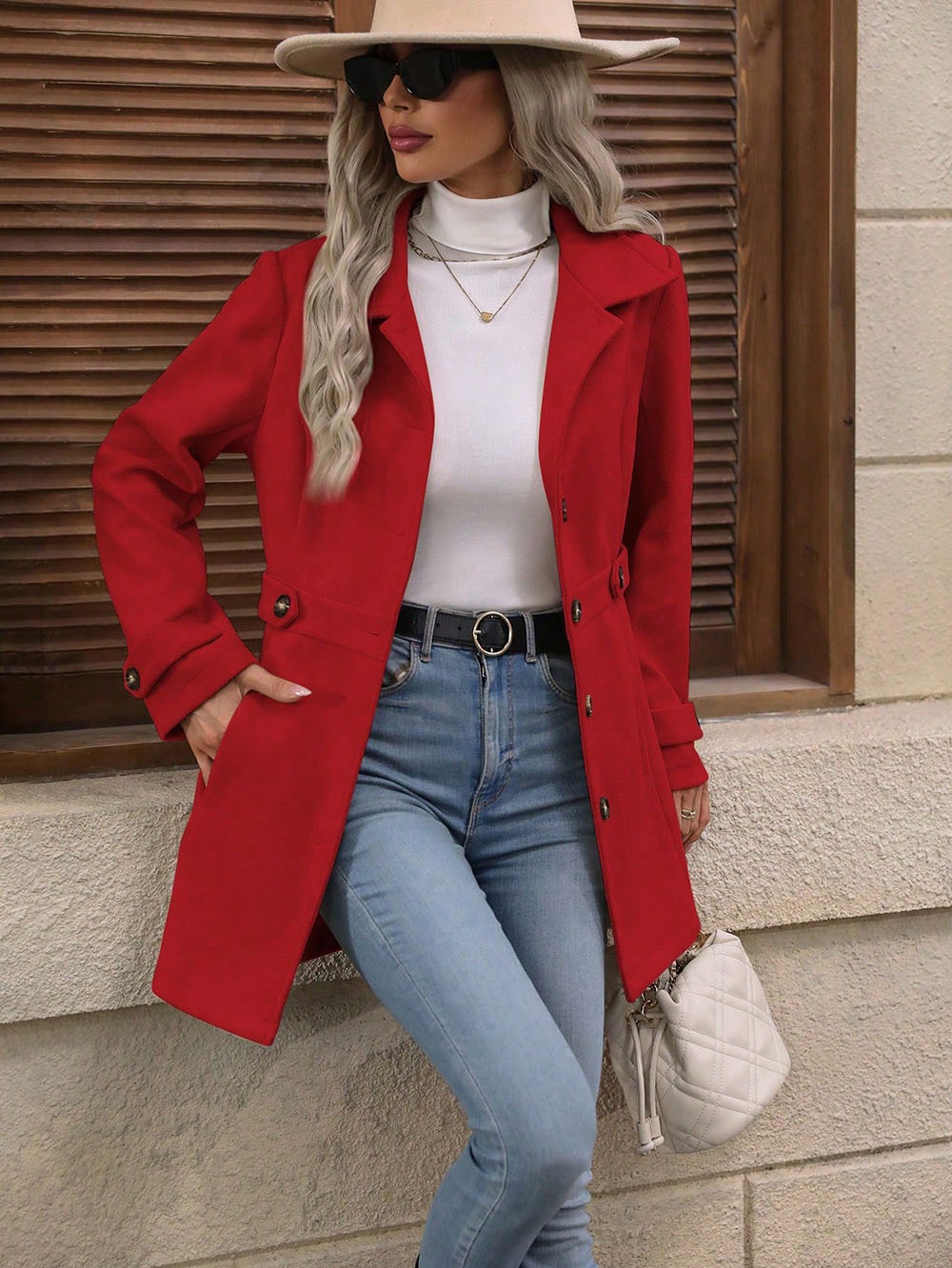 Mid-length Elegant Wool Coat With A Lapel And Buttons