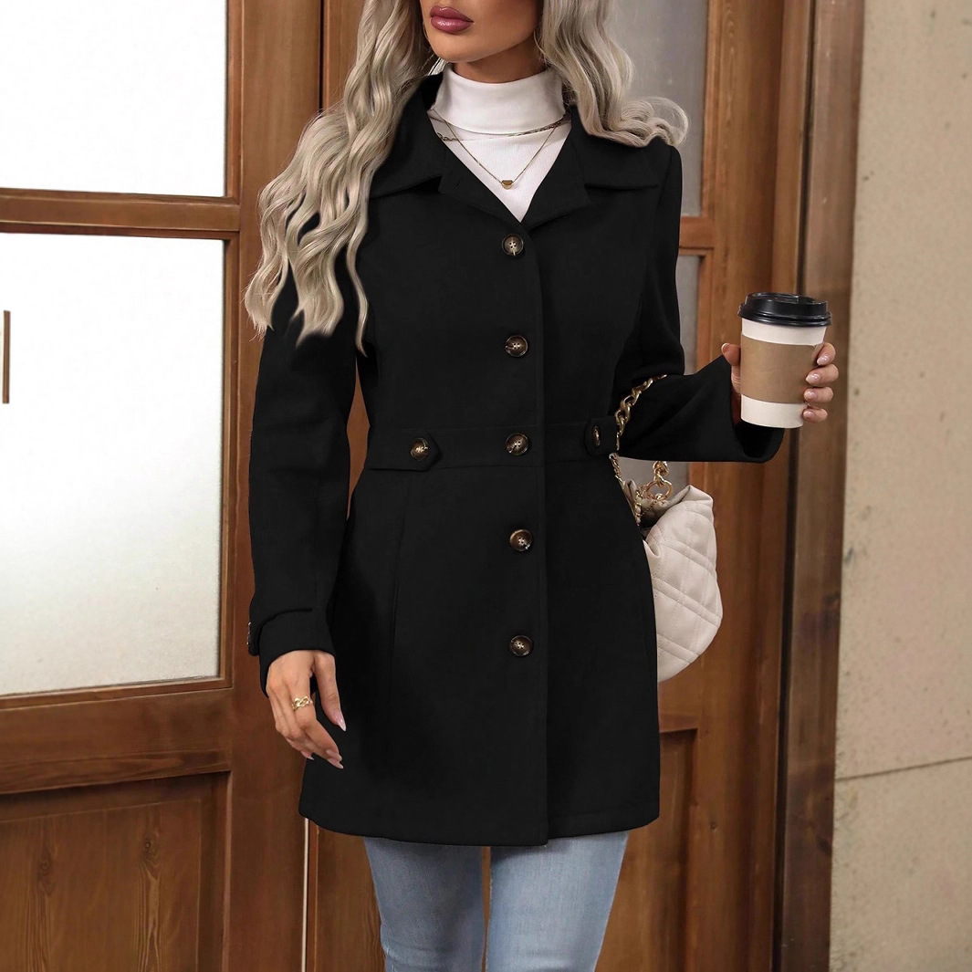 Mid-length Elegant Wool Coat With A Lapel And Buttons