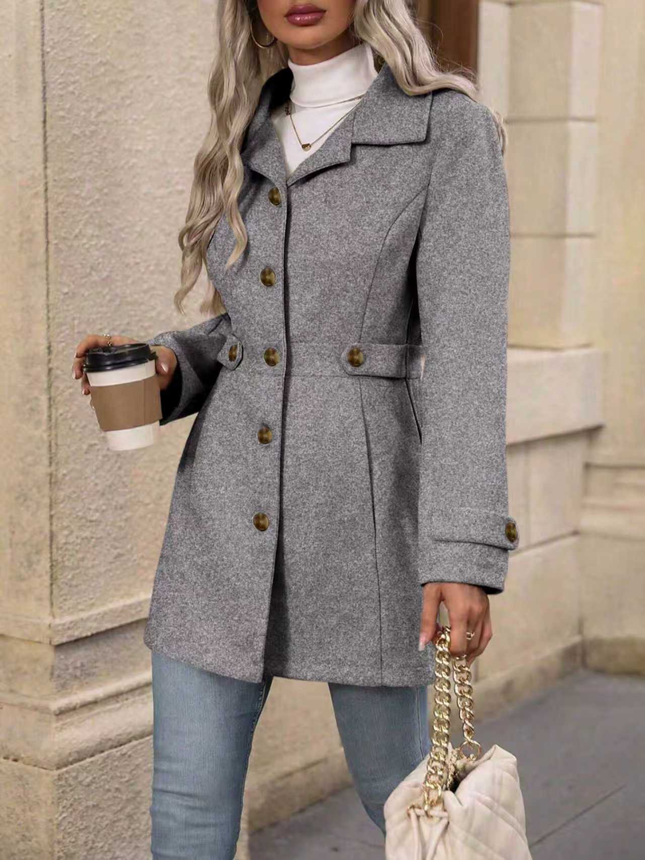 Mid-length Elegant Wool Coat With A Lapel And Buttons