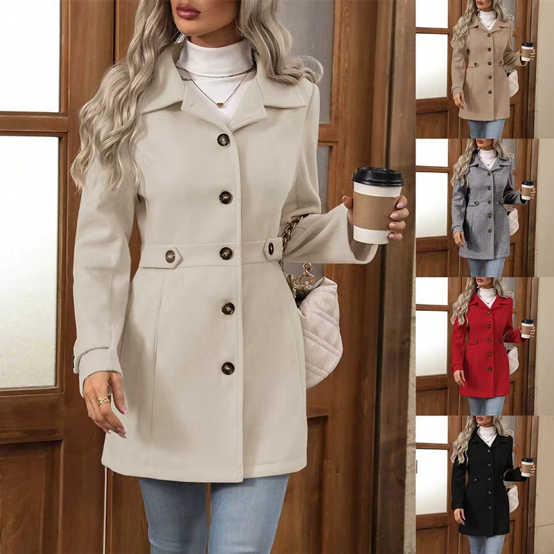 Mid-length Elegant Wool Coat With A Lapel And Buttons