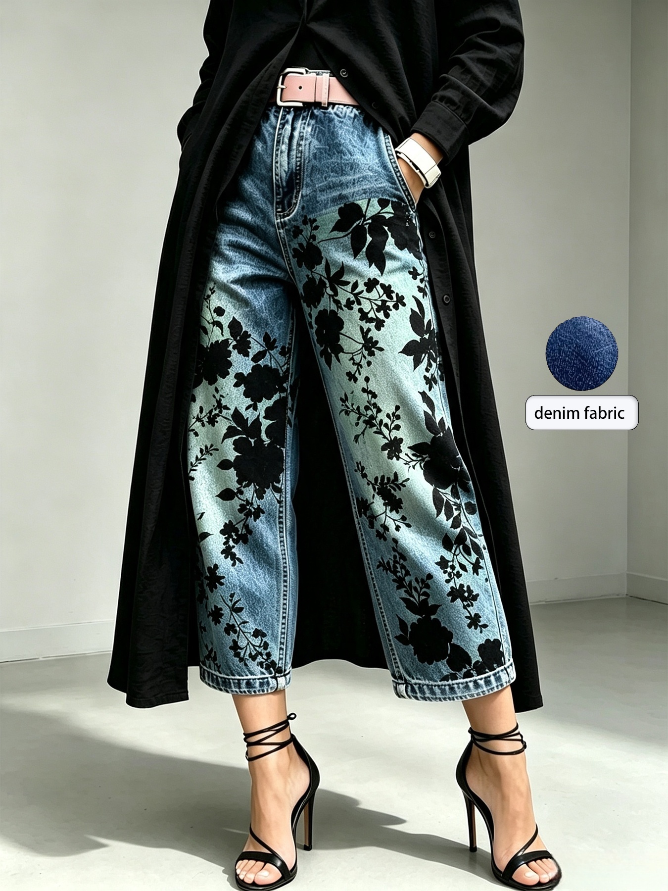 Mid-rise Wide-leg Denim Capri Pants