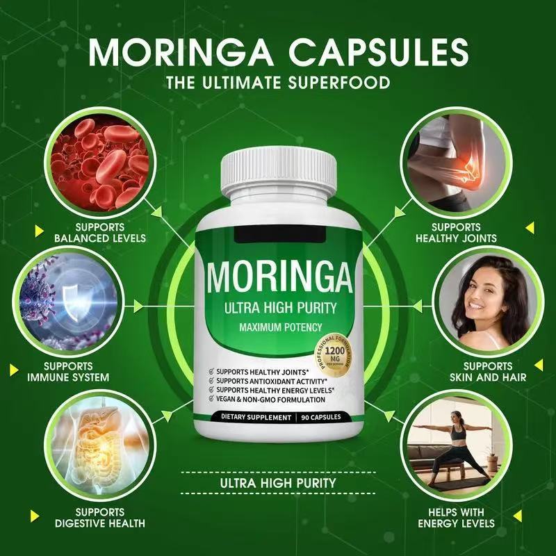 Moringa Oleifera-Kapseln 1200 mg – reines Moringa-Blattpulver, natürliches Superfood für Energie