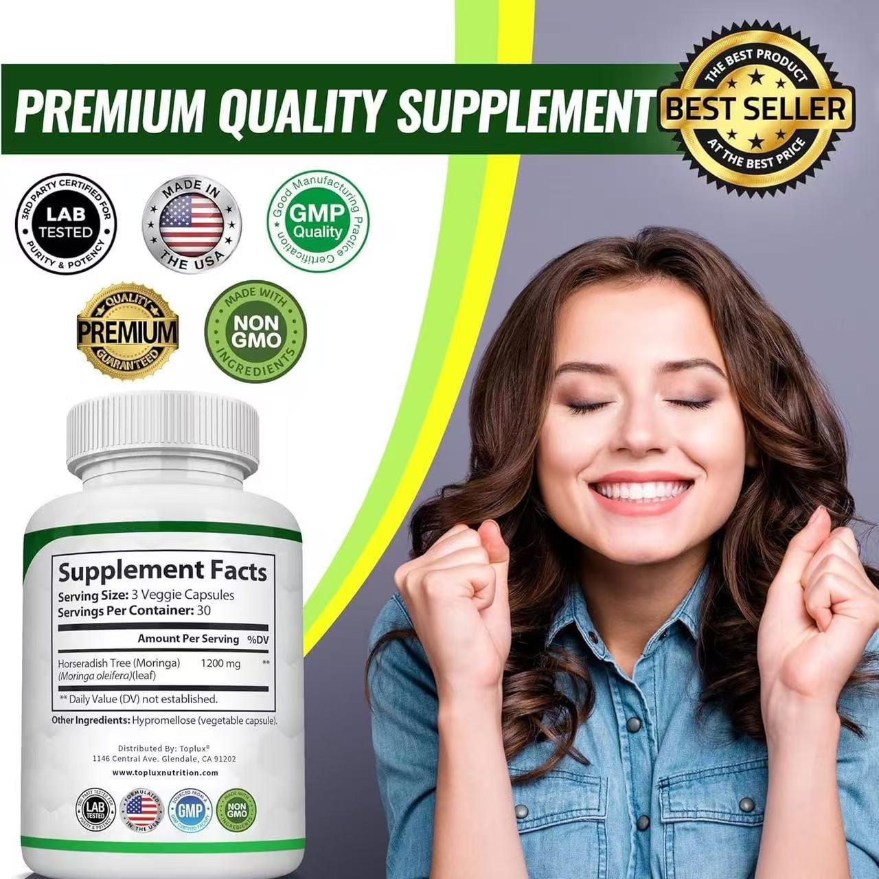 Moringa Oleifera-Kapseln 1200 mg – reines Moringa-Blattpulver, natürliches Superfood für Energie