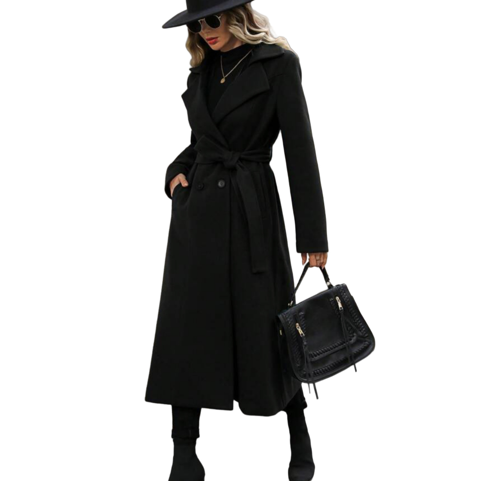 New Arrival Lapel Wool Coat With Tie And Double-breasted Design