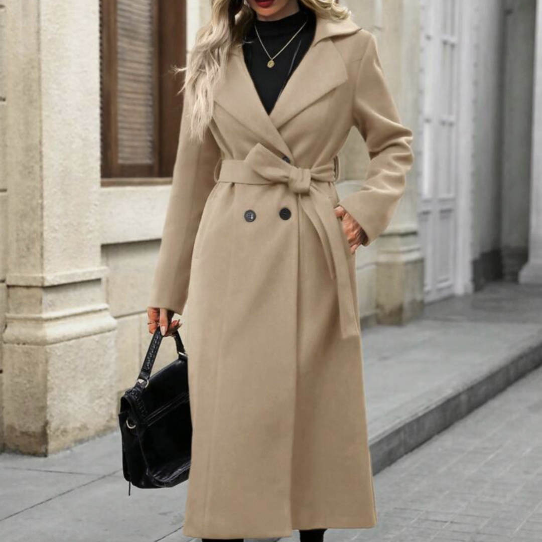 New Arrival Lapel Wool Coat With Tie And Double-breasted Design