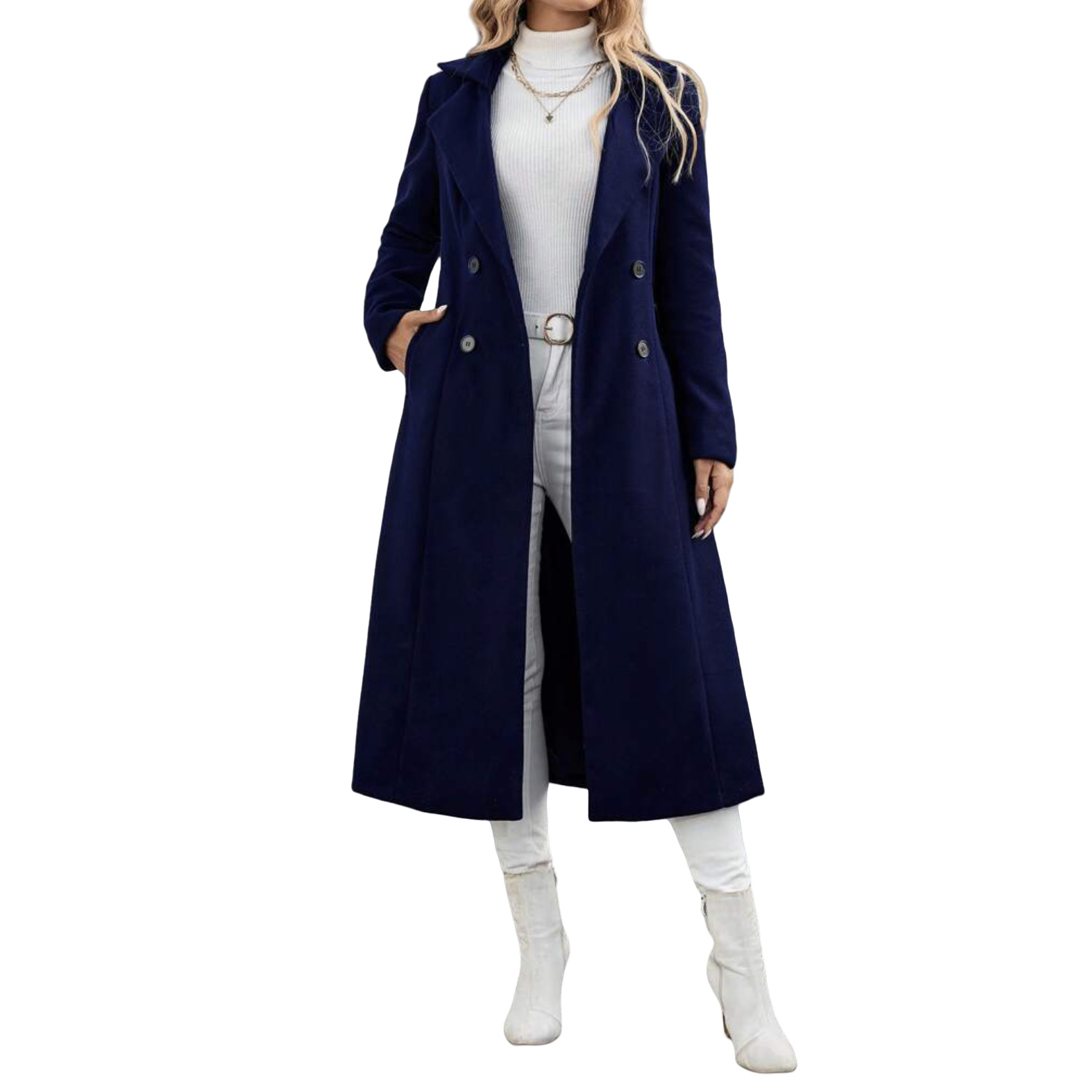 New Arrival Lapel Wool Coat With Tie And Double-breasted Design