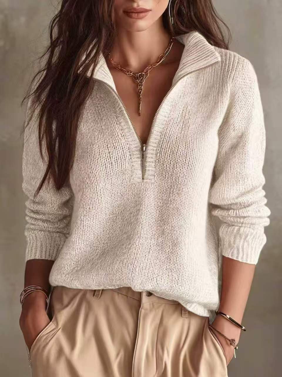 New Autumn And Winter Knitted Sweater With Half-Zip Placket, Casual Solid Color, Versatile