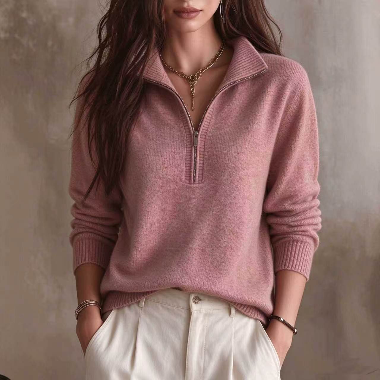 New Autumn And Winter Knitted Sweater With Half-Zip Placket, Casual Solid Color, Versatile