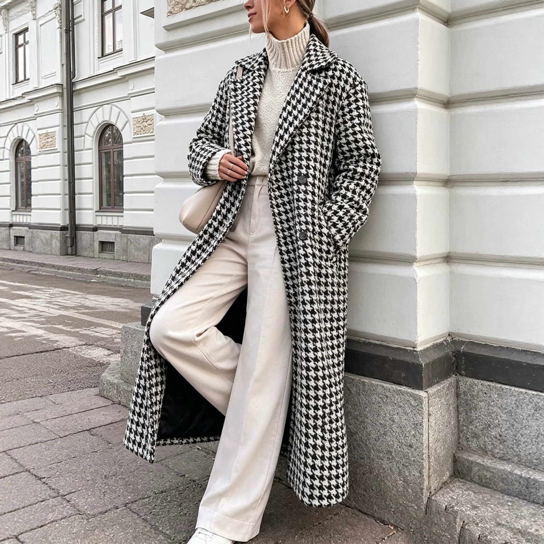 New Autumn Winter Plaid Oversized Lapel Loose Long Woolen Coat