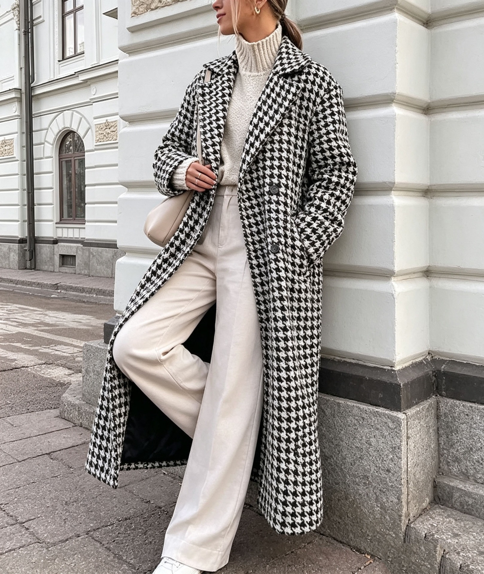 New Autumn Winter Plaid Oversized Lapel Loose Long Woolen Coat